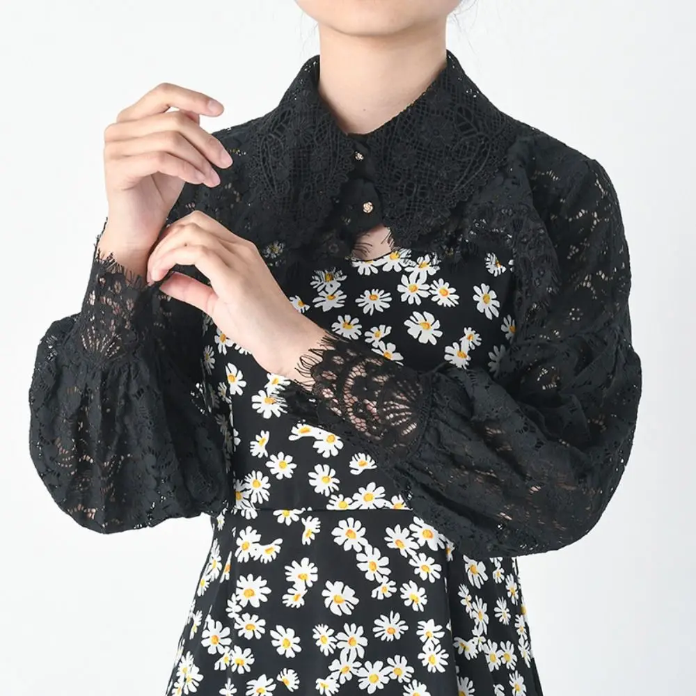 

Retro Cape Lace Shawl Cloak Crochet Short Small Shirt Flower Long Sleeves Flower Scarves Female