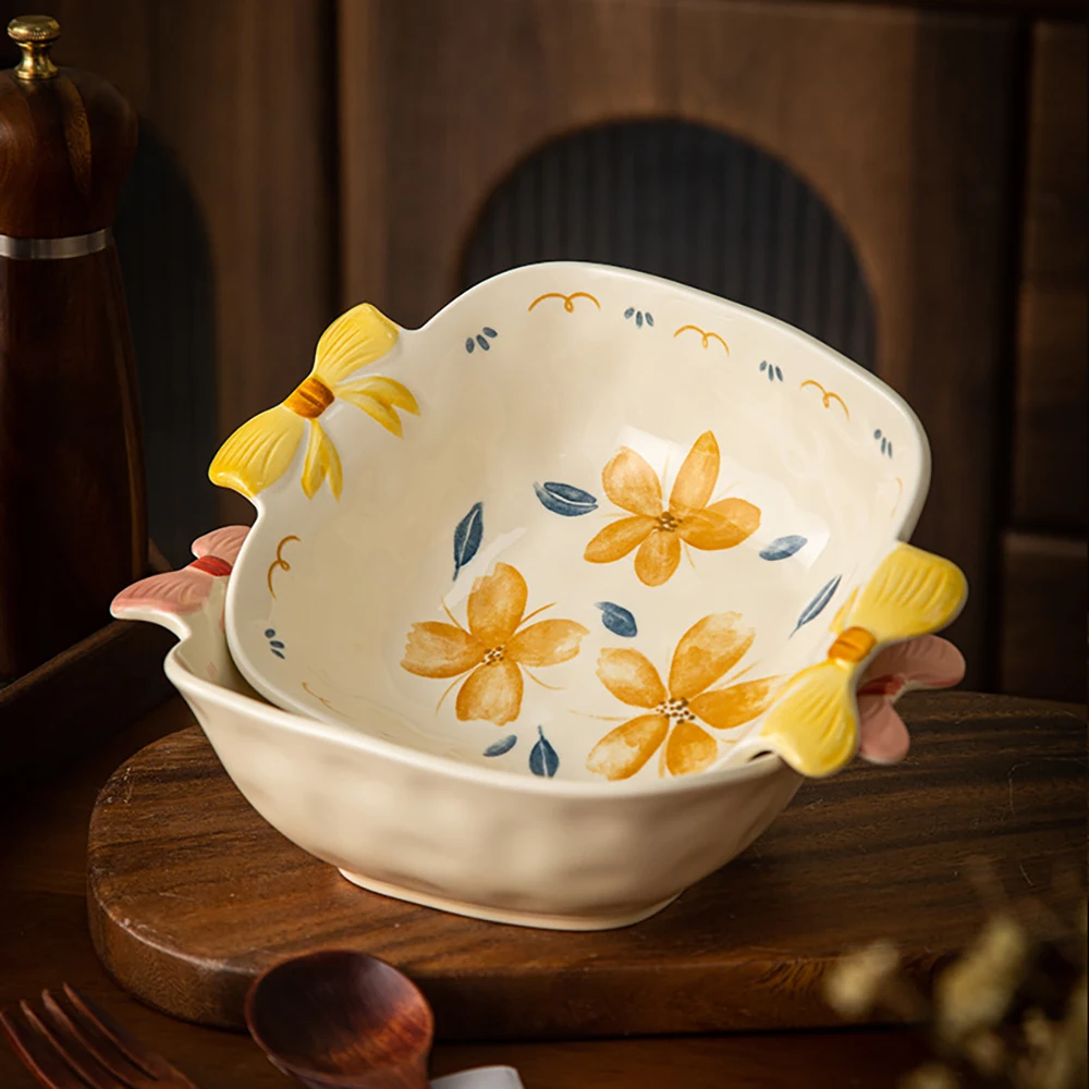 Chic Under-glaze Under-glaze Ceramic Plate with Double Handles Air Fryer Microwave Oven Safe Multi-use Plates Kitchen Dinnerware