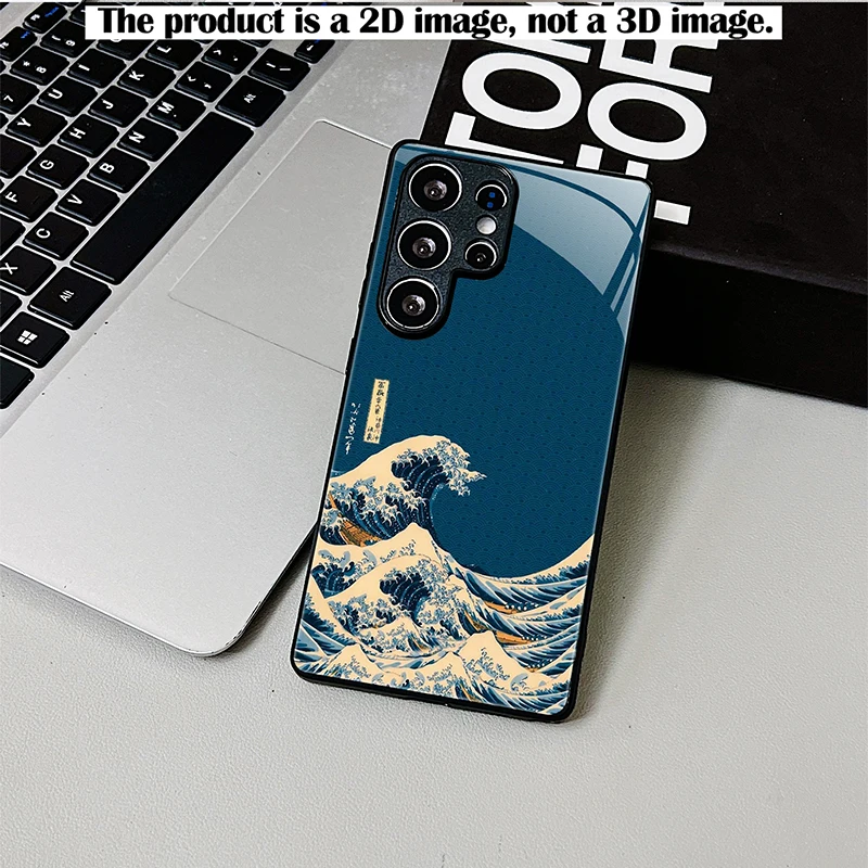 Shockproof Black Glass Phone Case 2D Print Dark Blue Ukiyo-e Ocean Waves Pattern Full Protection For Samsung S26 S25 S24 A55 A54