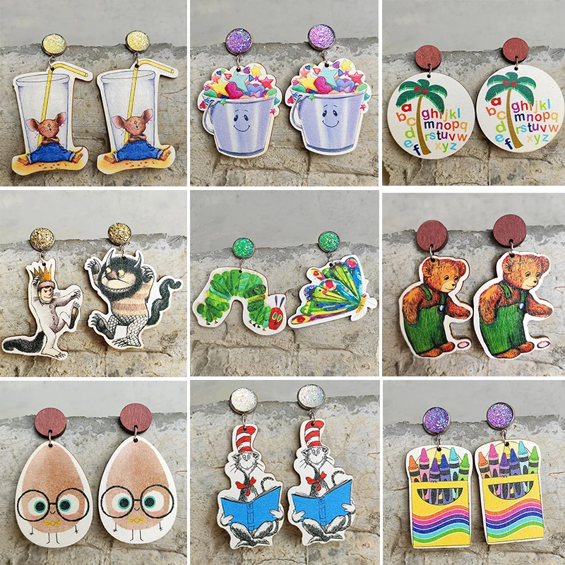 Cute Wooden Animal Cartoon Earrings For Women Bear Butterfly Insert Crayon Book Teacher Earrings Teachers\' Day Gifts Wholesale