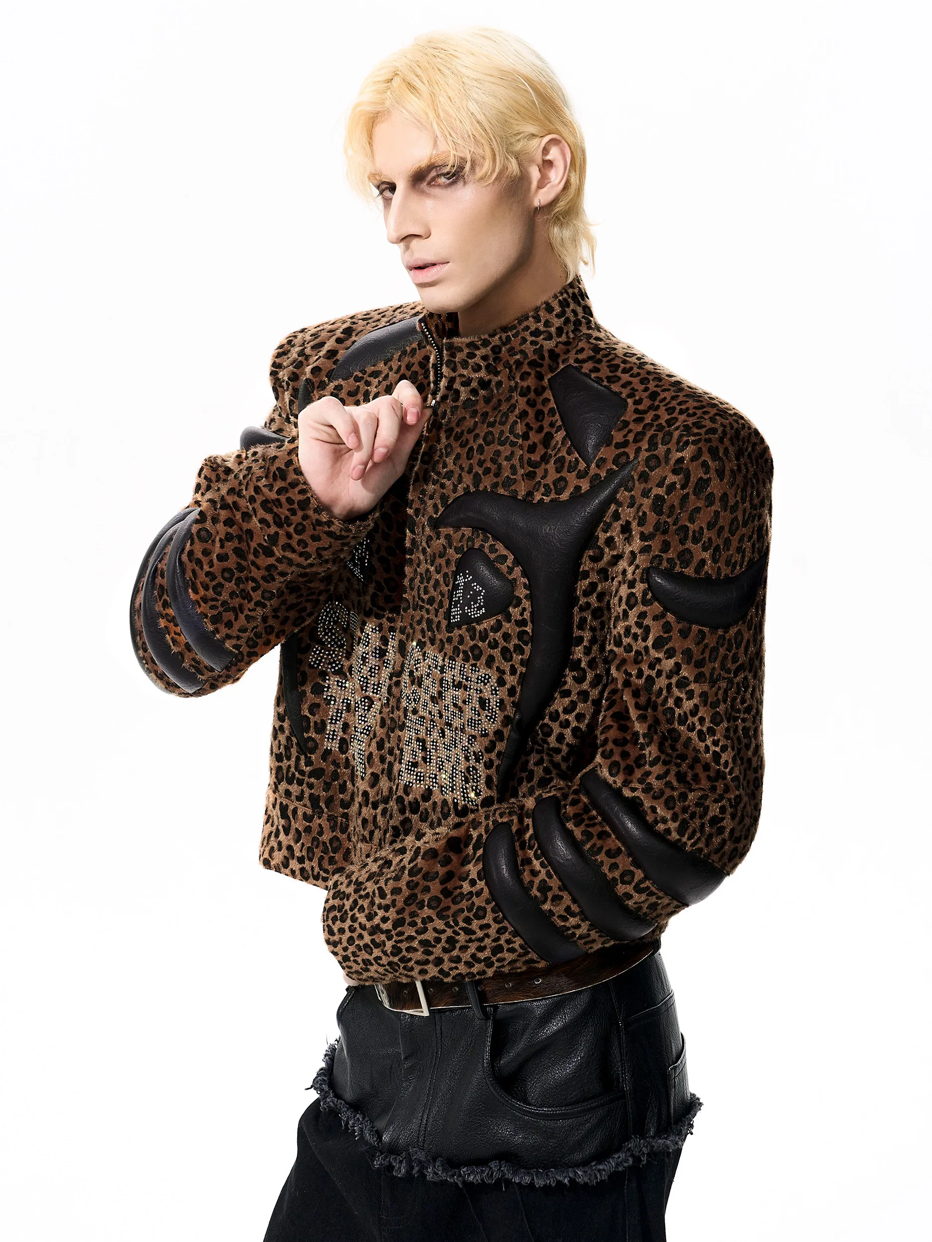 

Men's ort Leopard Print Jaet Autumn Winter Leather oulder Pad Stand Collar Zipper Closure Outerwear Polyester Fabric