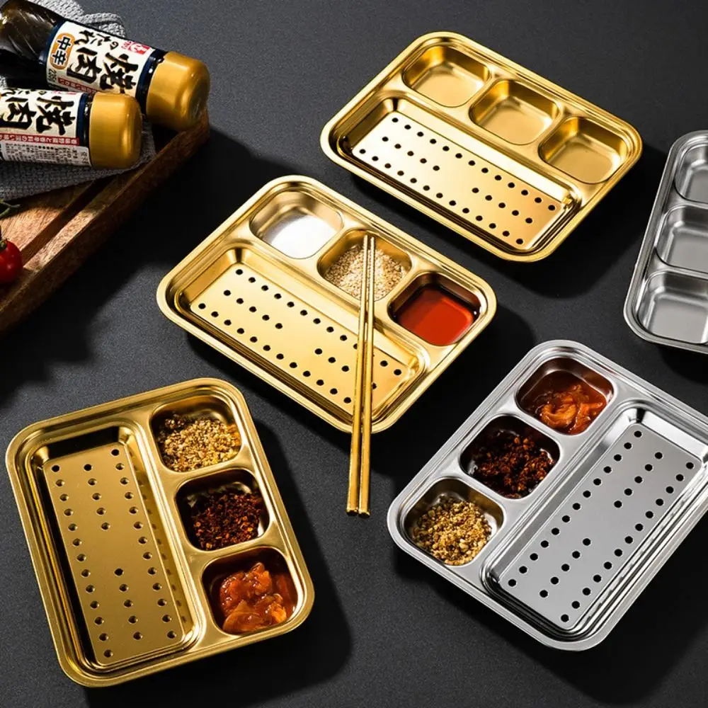 Plato de condimentos de acero inoxidable 304, 3/4 rejillas plateadas y doradas, sartén para asar, barbacoa, patatas fritas, Sushi, plato para salsa para inmersión, restaurante en casa