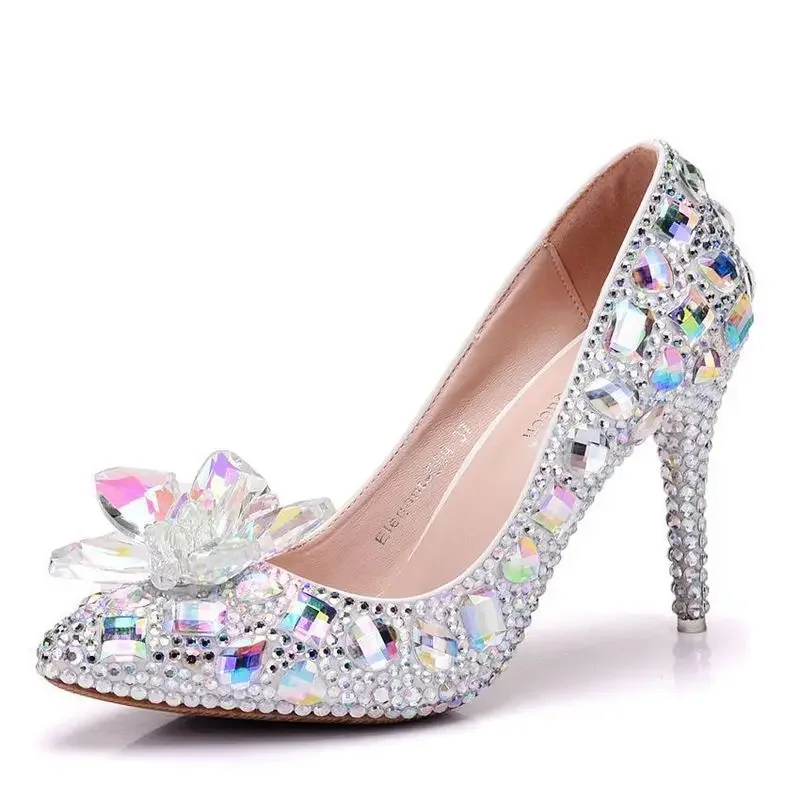 Zapatos de tacón fino con diamantes de imitación para mujer, calzado de boda con diamantes de imitación, cristales, flores, punta estrecha, 9CM, gran oferta