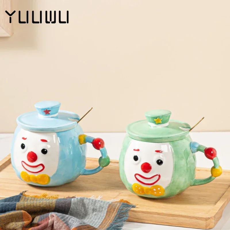 

500ml Cute Hand Drawn Circus Clown Ceramics Coffee Mug with Lid and Spoon Creative Large Capacity Cartoon Tea Milk Breakfast Cup