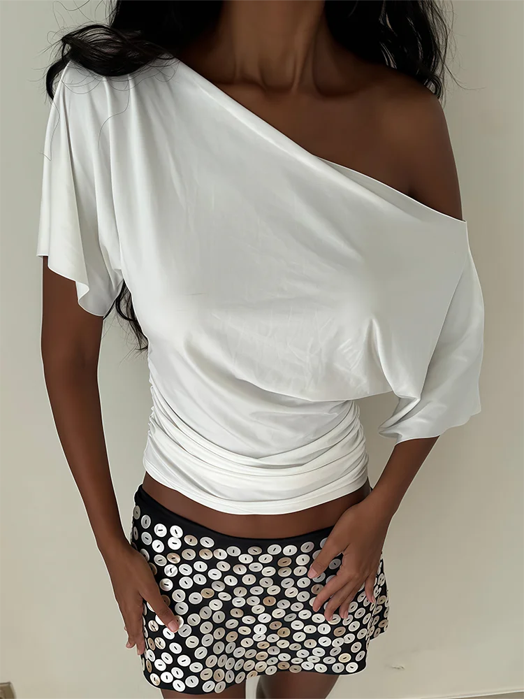 Absobe-Top corto fruncido con hombros descubiertos para mujer, camisetas básicas de Color sólido con cuello oblicuo, camisetas de manga corta, ropa de calle informal de verano