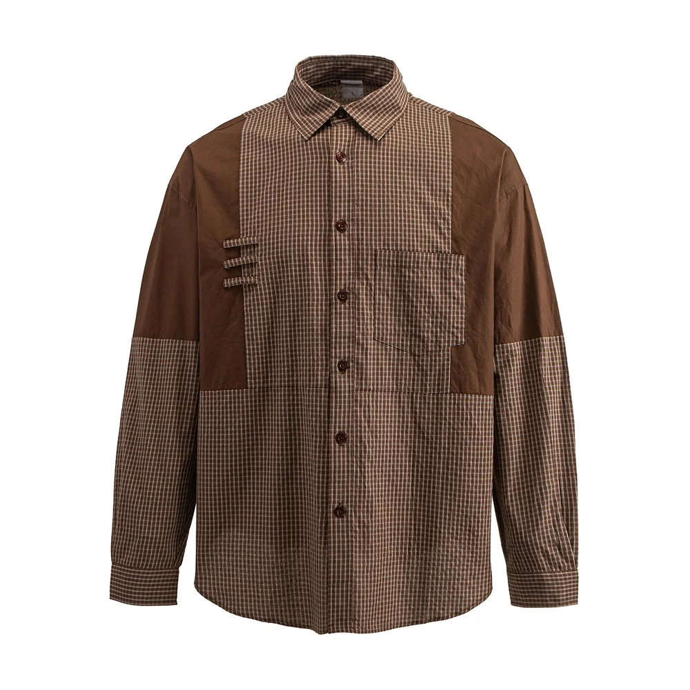 Men's Japanese Streetwear Fashion Splice Plaid Casual Loose Long Sleeve Oversize Shirts Cityboy Spring Autumn Blouses