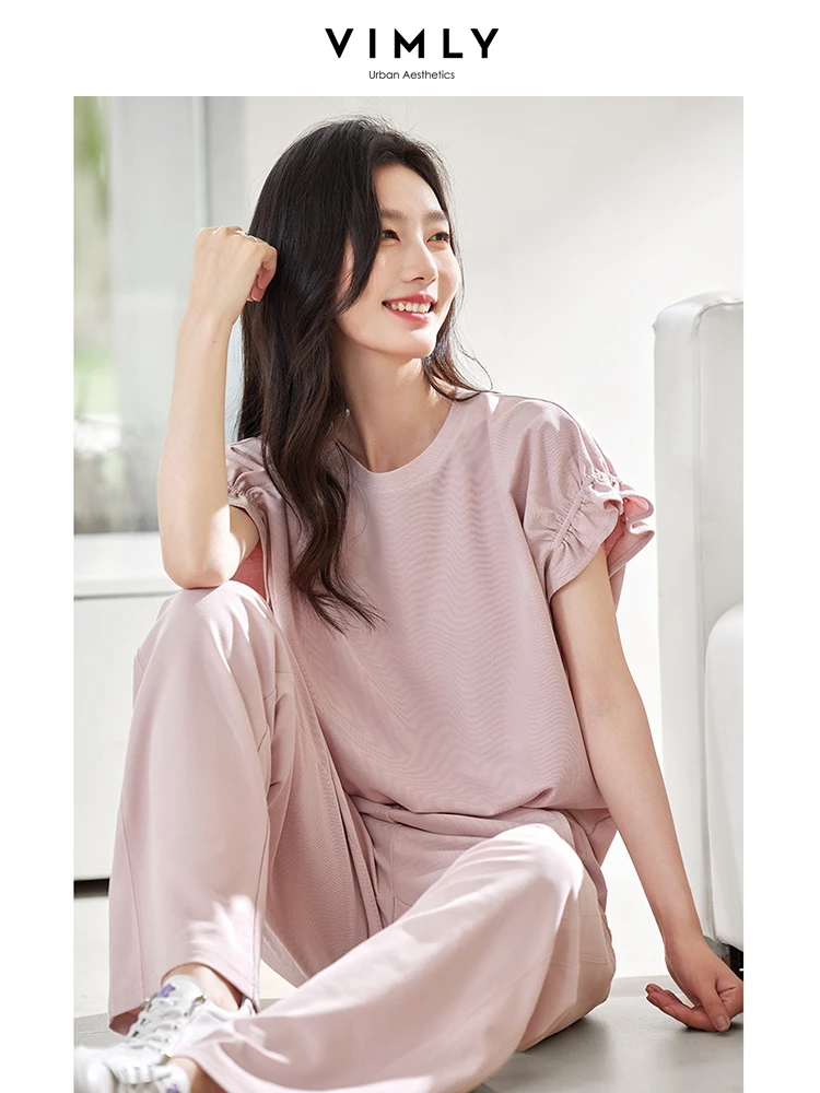 VIMLY Women's Sporty Solid Petal Sleeve Two Pieces Sets Summer O-Neck Pullover Top+Casual Loose Elastic Pants Women Tracksuits