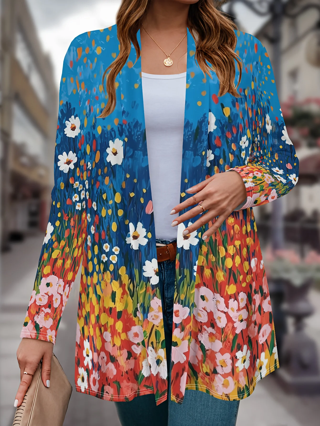 여성용 꽃무늬 가디건, 부드러운 폴리에스테르 니트, 긴 소매 오픈 프론트, 우아한 캐주얼 커버업, 봄 스타일