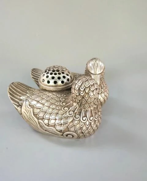 

China pure white copper Mandarin duck incense burner crafts Statue