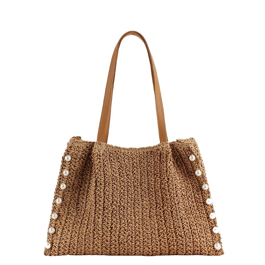 

Summer Pearls Straw Woven Shoulder Bag Rattan Beach Large Capacity Tote Bag Handmade Vacation Travel Handle Bag Shopping Handbag
