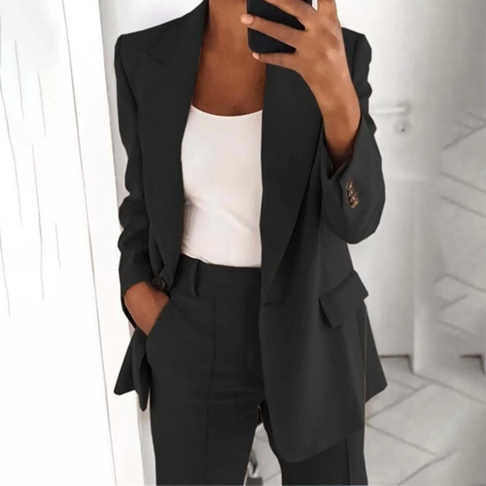 Women'S Solid Causal Suits Button Cuff Lapel Pocket Coat & High Waist Pocket Foraml Suit 2pcs Handsmoe High-End All Season Set