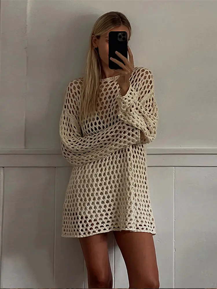 

Sexy Hollow Out Knit Tops Women Loose O Neck Long Sleeves Chic Top Female 2025 Spring Summer Beach Solid Knitwears Lady