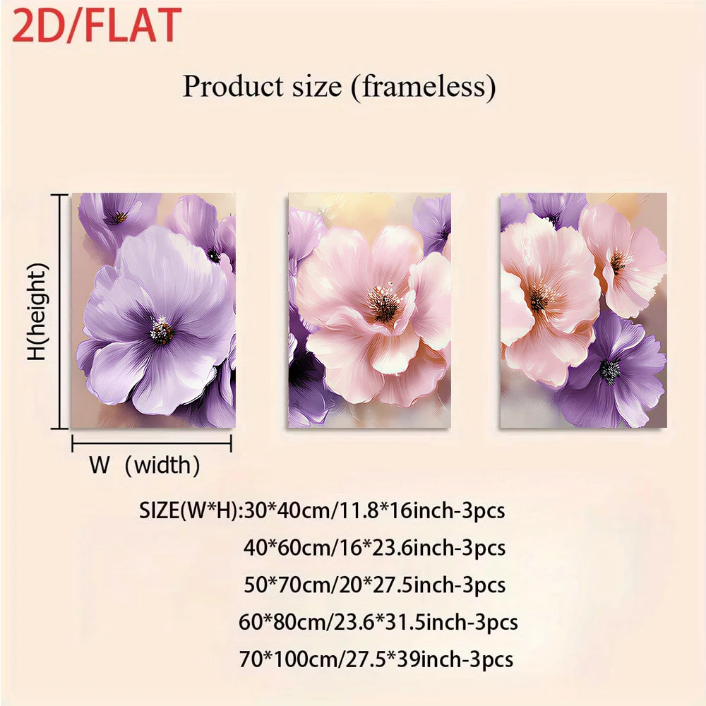 1 set of triple frameless decorative paintings, elegant pink and purple floral theme frameless decorative paintings, 2D flat