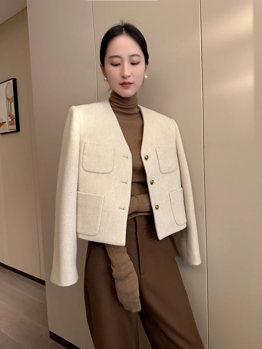 

Pin Apricot Color ort Woolen Commute Sle Women's Jaet Autumn 2025 New Simple Ele Commuting V-ne Coat