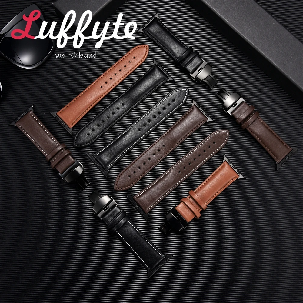 Leather Soft Strap for Apple Watch Ultra 8 7 SE 6 5 4 3 Watchband 38 40 41mm 42 44 45 49mm Black Buckle Black Connector