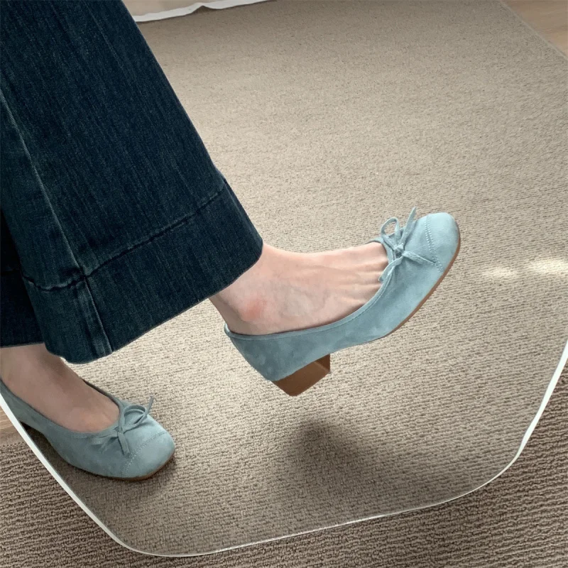 

Весна и осень 2024, новые туфли Мэри Джейн на толстом каблуке, французские женские туфли с синим бантом, темпераментные одинарные туфли для платья/улицы