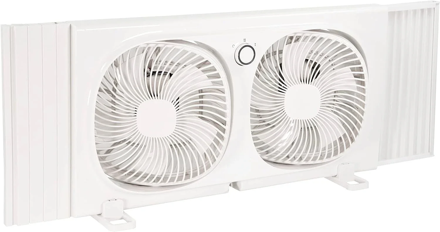 

Comfortable Living Twin Window Fan with Dual 180 Degree Rotating Fan Heads, 9 inch, 2 Speed, Removable Plastic Bug Screen, Quiet