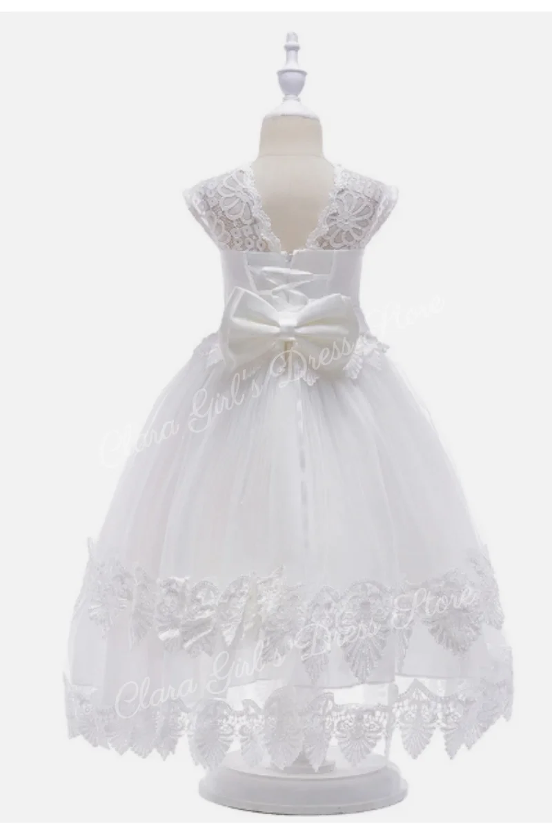 Modieuze lange kanten bruiloft prinses bloemenmeisje jurk met strik, geschikt voor feesten, bruiloften en communie; aanpasbaar