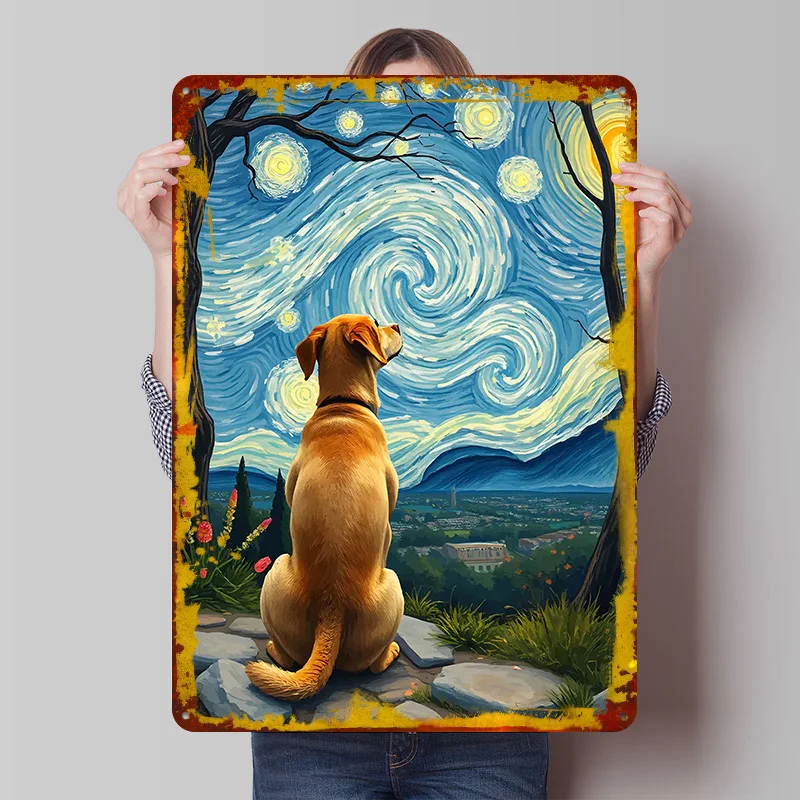 Dog Watching Starry Night Van Vogh Printed Poster Customized Wall Art Retro Vintage Metal Tin Signs for Home Decor Coffee Bar