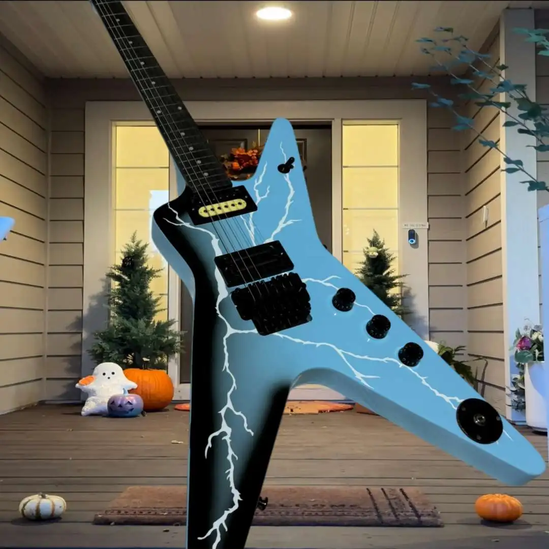 MLO Electric Guitar HH Floyd Rose Tremolo Light Blue Lightning Graphic Black Hardware Heavy Metal Stage Visual Collector