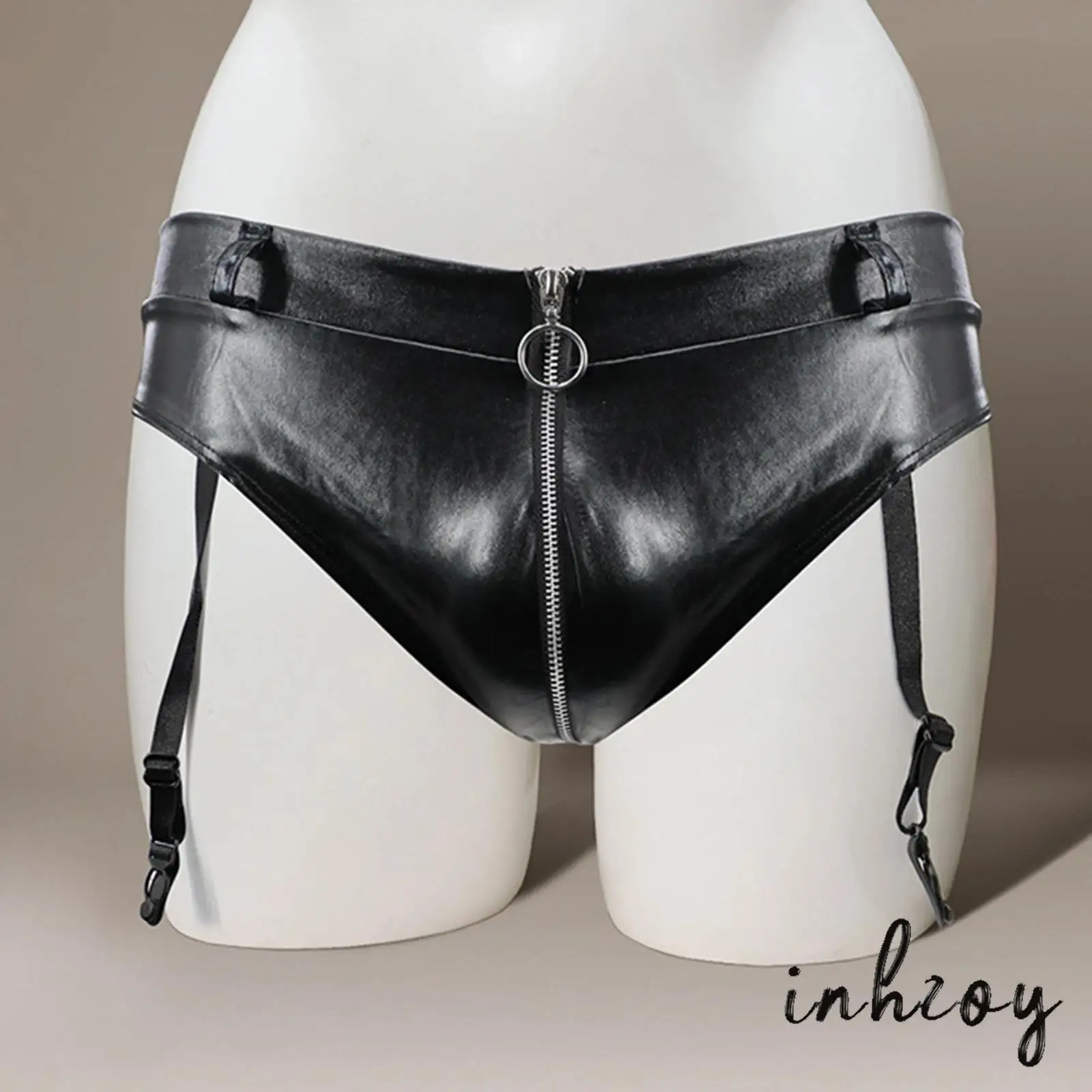 

Gay Mens Faux Leather Thong Bulge Crotch Lace Trim Garter Suspender G-string Underwear Bikini Briefs Sissy Panties Rave Clubwear