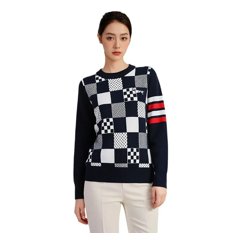 2026 Herfst Winter Trui Dames Donkergrijs Ronde Hals Vierkant Raster Bloemen Hond Borduren Groothandel voor Dames