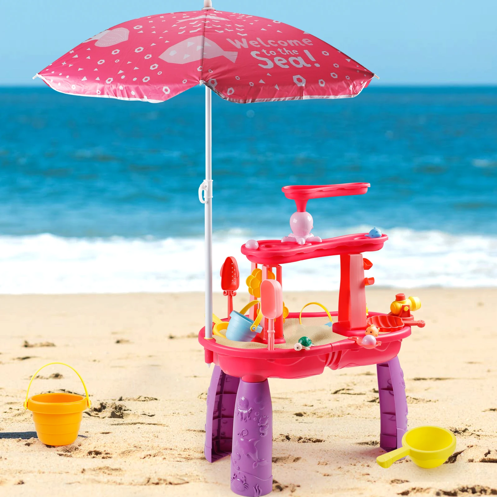 Wassertisch mit Sonnenschirm, 3-stöckiger Sandwassertisch für Kinder, sensorischer