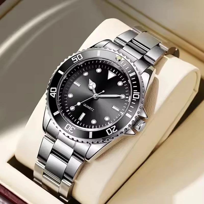 2025년 신제품 남성용 방수 발광 쿼츠 시계 회전 가능한 베젤 달력 스포츠 손목시계 스테인리스 밴드 시계