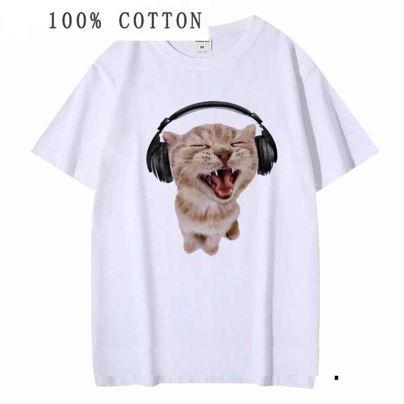 T Shirt Kawaii Kitten with Headphones Print Crop Top  Women Cotton Casual Short Sleeve Ladies Tee  Breathable Fashion Clothes