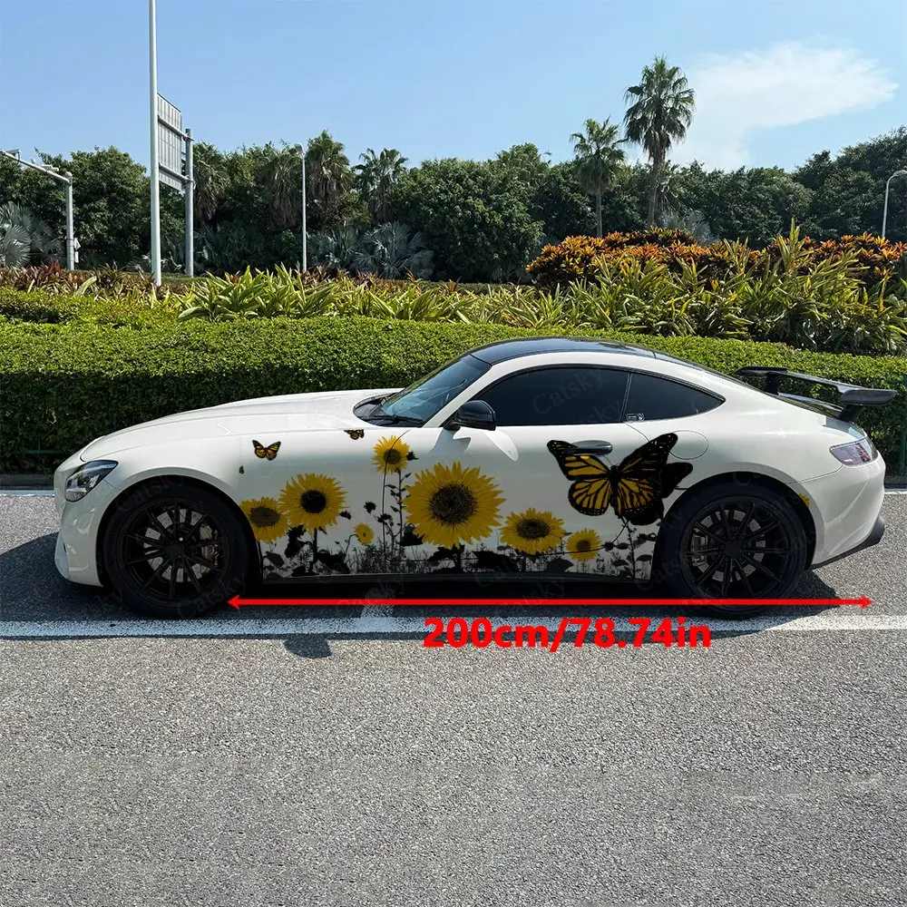 2pcs Sunflower Field Butterflies, Durable, Fade-resistant, Enhance Vehicle Aesthetics With Bold Artistic Design Car Vinyl Wraps