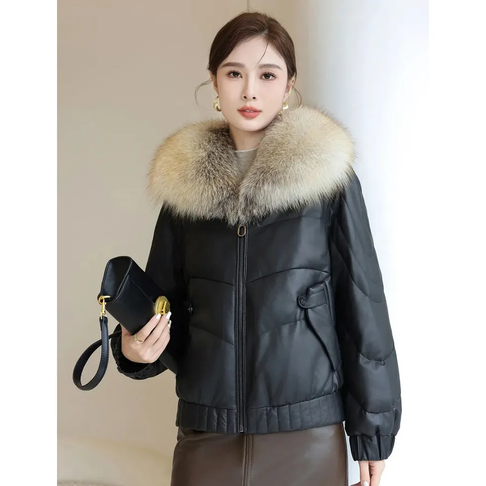 Giacca in pelle di cotone invernale di alta qualità nuova pelle di pecora da donna cappotto in pelle nera collo di pelliccia piumino corto parka Outwear