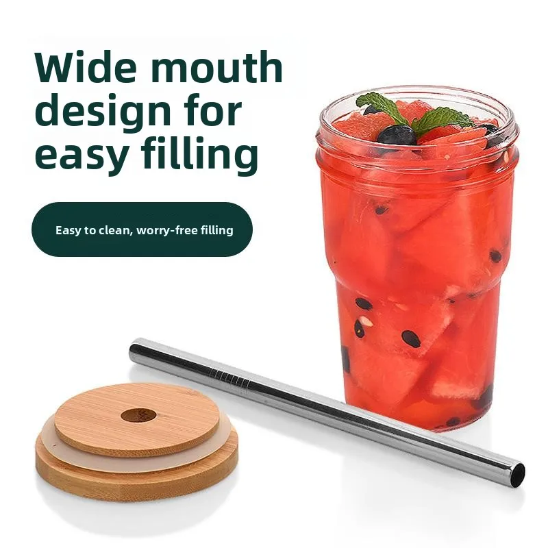 Glass Cup Milk Tea Cup Ice Shake Cold Drink Juice Coffee Bamboo Node Cup Stackable Mason Jar Beverage Straw Cup  Style