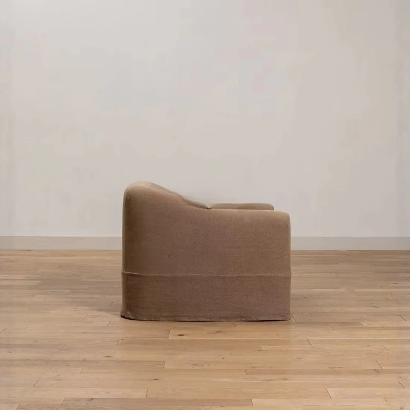 Poltrona Singola in Tessuto di Lino Stile Nordico Wabi Sabi, Colore Caffè al Latte Giapponese, Rivestimento Rimovibile e Lavabile, Arredamento per Soggiorno