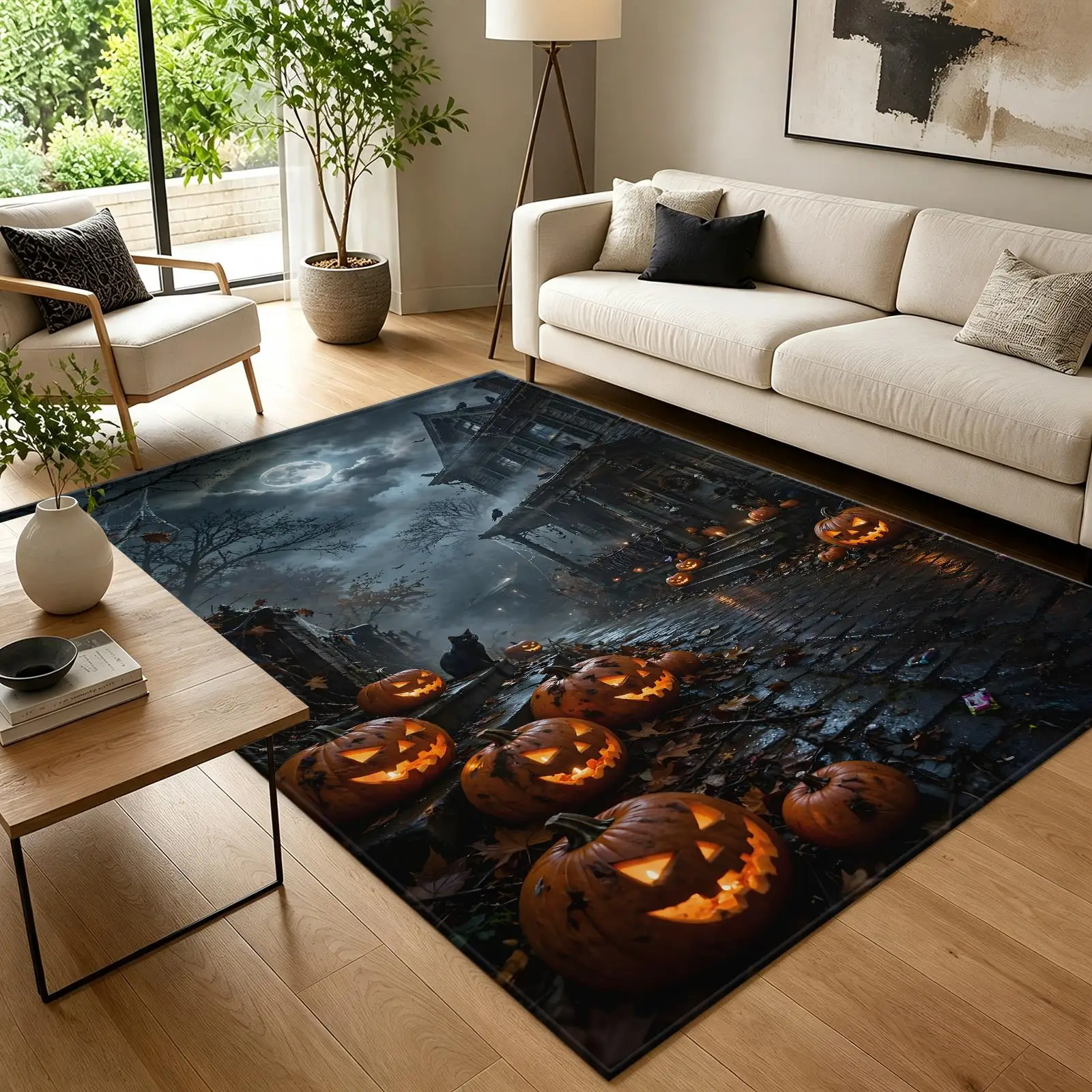 1pc Spooky Haunted House Pumpkin Area Rug, 2D Flat Print, Indoor Floor Mat for Living Room, Halloween Home Decor
