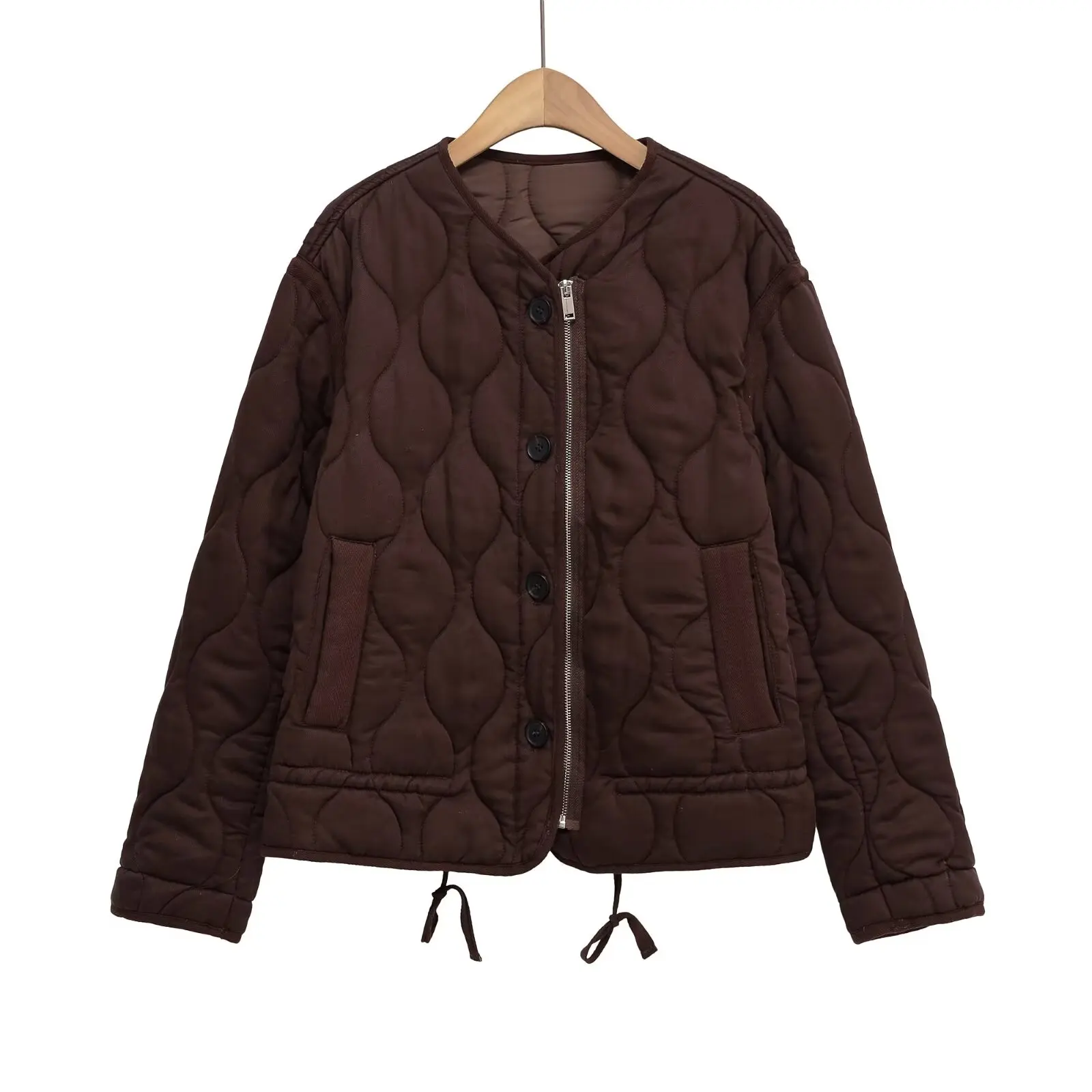 

Women's 2025 New Casual Parkas Loose Round Neck Long Sleeve Button-down Lyocell Textile Cotton Jacket With Adjustable Hem