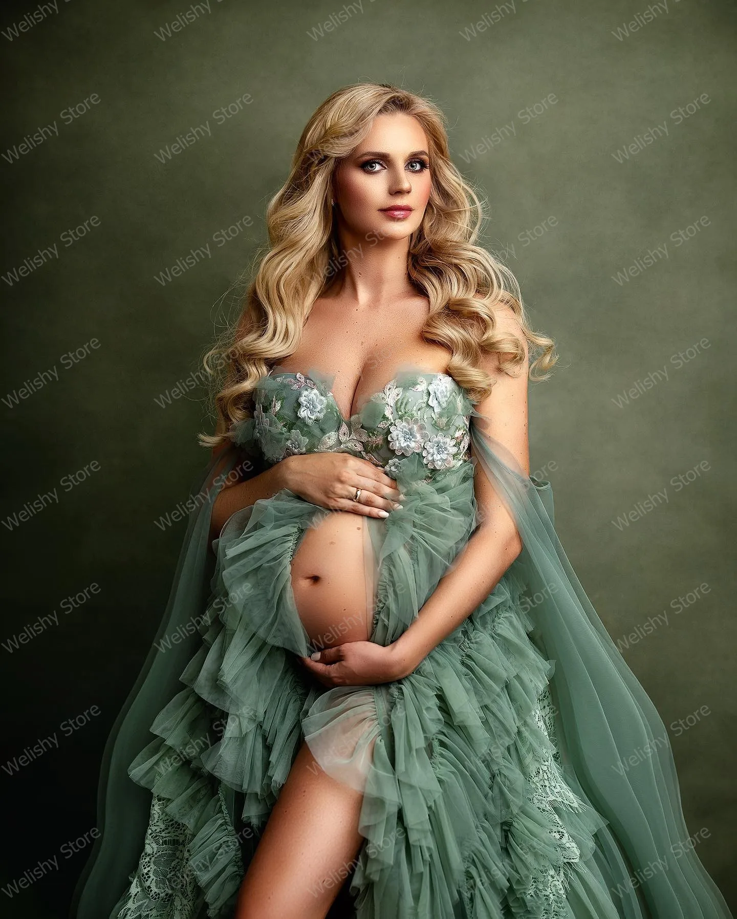 Front Open Flower Appliques Maternity Dress Off Shoulder Tiered Ruffles Tulle Maternity Gowns Pregnancy Women Robes Photography