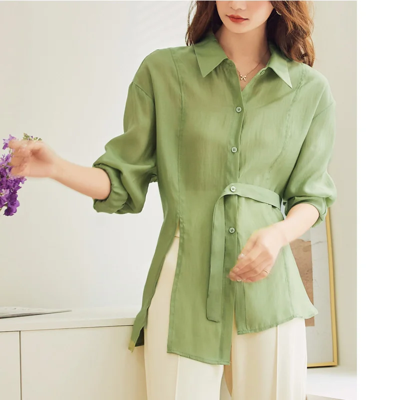 New Summer Women Silk Shirts Fashion Medium Long Women Blouse Shirts