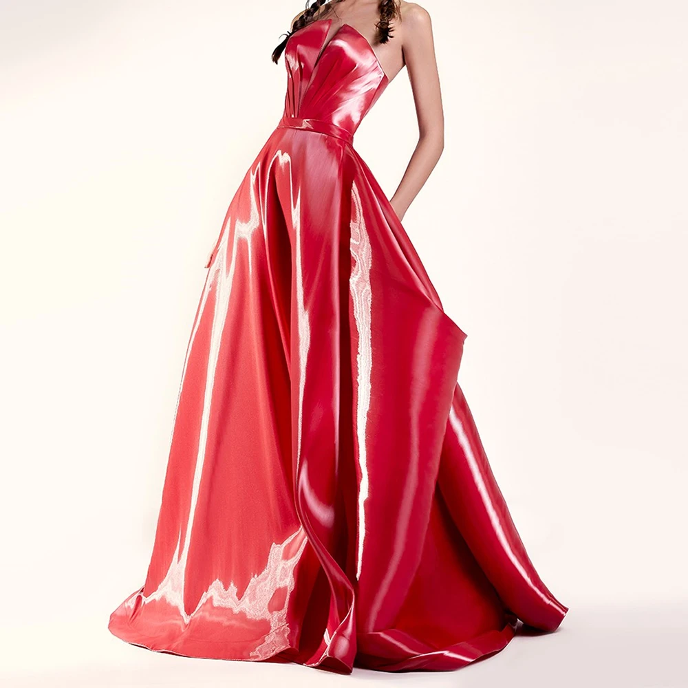 

Customized Satin V-Neck A-Line Evening Dress Floor Length Sleeveless Zipper Back Red Panel Train Formal Vestidos de fiesta