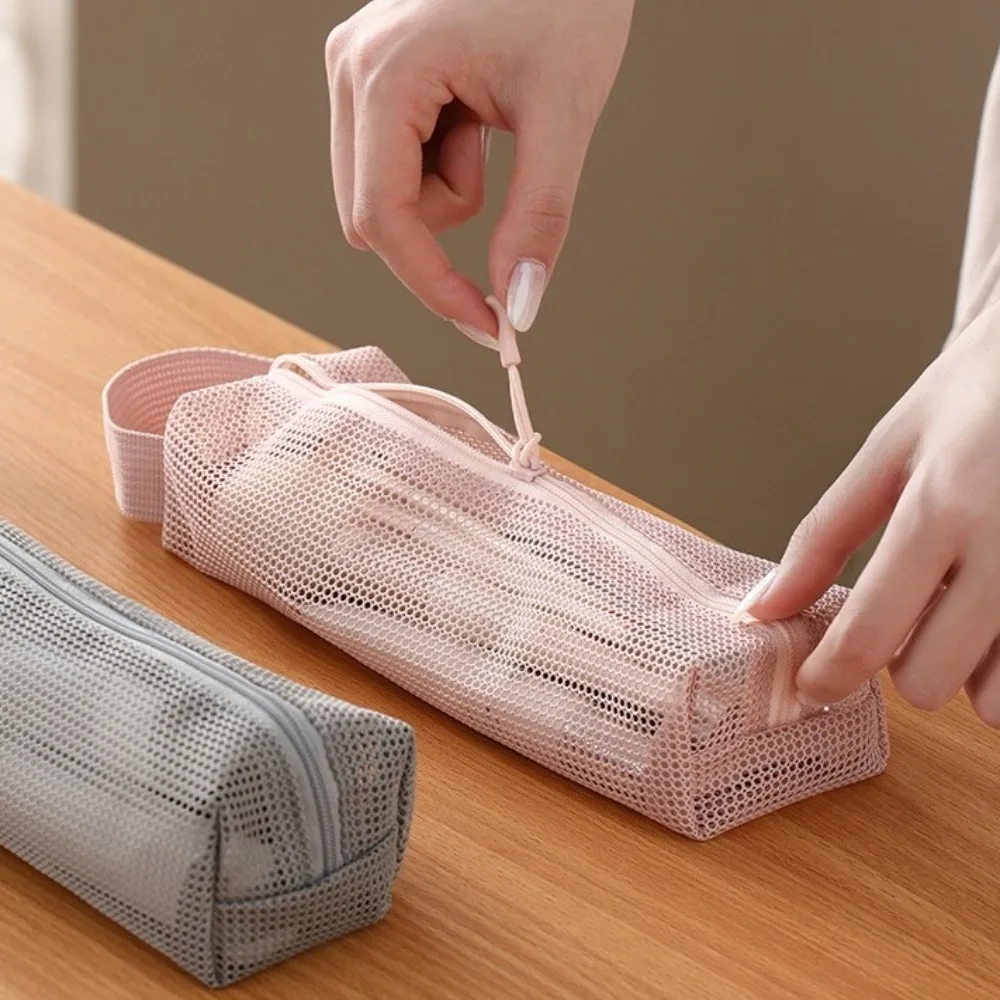 

with Handy Handle Mesh Toiletry Bag Foldable Breathable Toiletry Storage Bag Cosmetic Brush Bag Makeup Bag Washing Handbag Trips