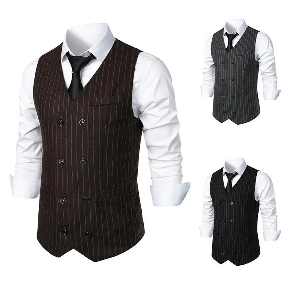 

Men Vest Striped Print Double Breasted Men's Suit Vest Vintage Style Waistcoat for Wedding Business with Patch Pockets Slanted