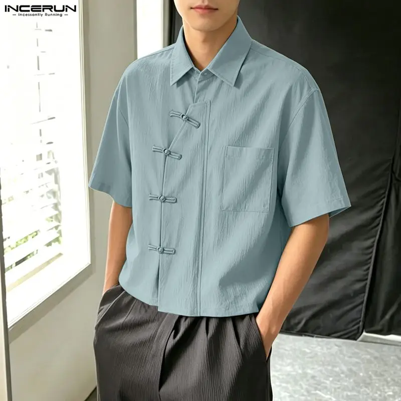 

INCERUN Men's Shirt Solid Color Lapel Short Sleeve Button Vintage Men Clothes Summer Streetwear 2026 Loose Casual Tops For Man