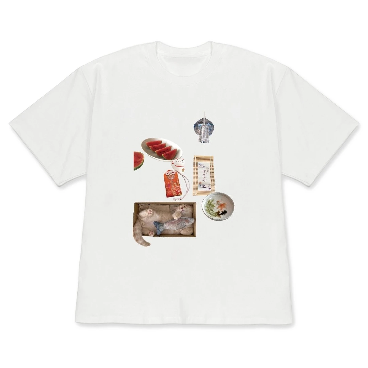 Japanese Graphic Short-Sleeve Cute T-shirt Casual Retro Top with Cat Watermelon & Wind Chime Print Aesthetic Summer Moments Tee