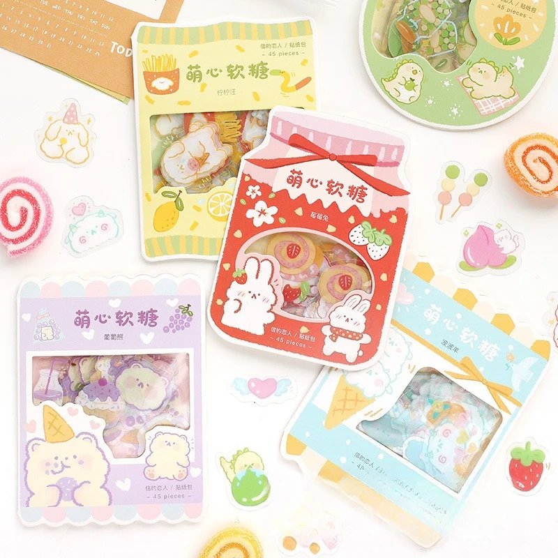 45 Stück/Packung Niedliche Weiche Süßigkeiten-Serie PVC-Aufkleber-Set, Liebliche Tier-Sticker für Journal-Dekoration & Collage