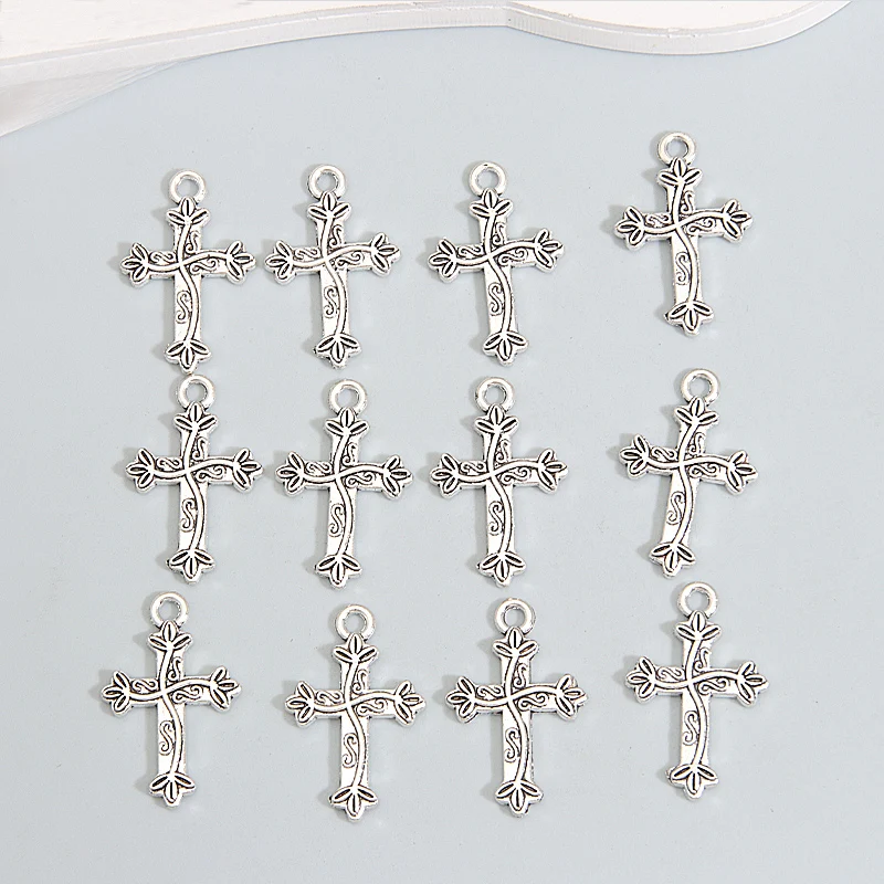 50pcs Jesus Cross Charms  Protaction Ancient Silver Color Pendants DIY Handmade Making Findings Jewelry