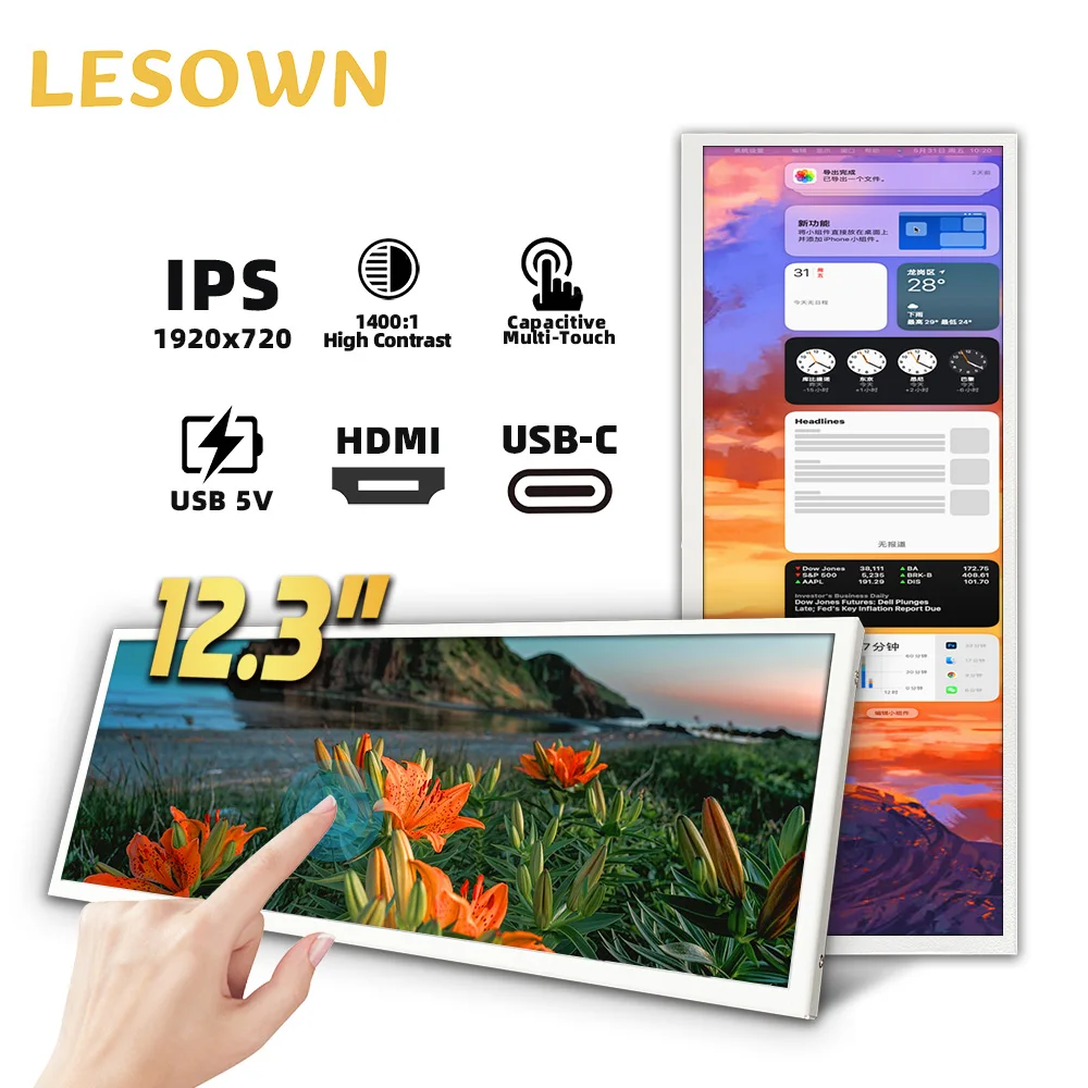 

LESOWN Capacitive Touch Display 12.3 Inch Secondary Strip Monitor 1920x720 White/Black Bar IPS Screen 80% NTSC Portable Monitor