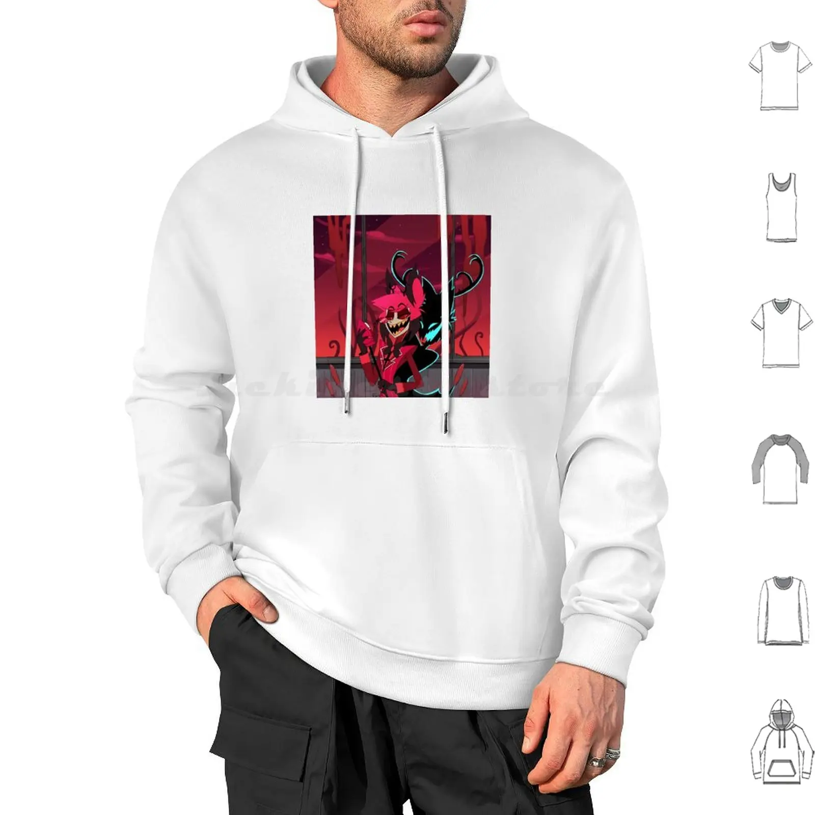 Alastor And His Shadow Hoodies Long Sleeve Alastor Radio Demon Helluva Vivziepop Deer Demon Shadow Red Alastor