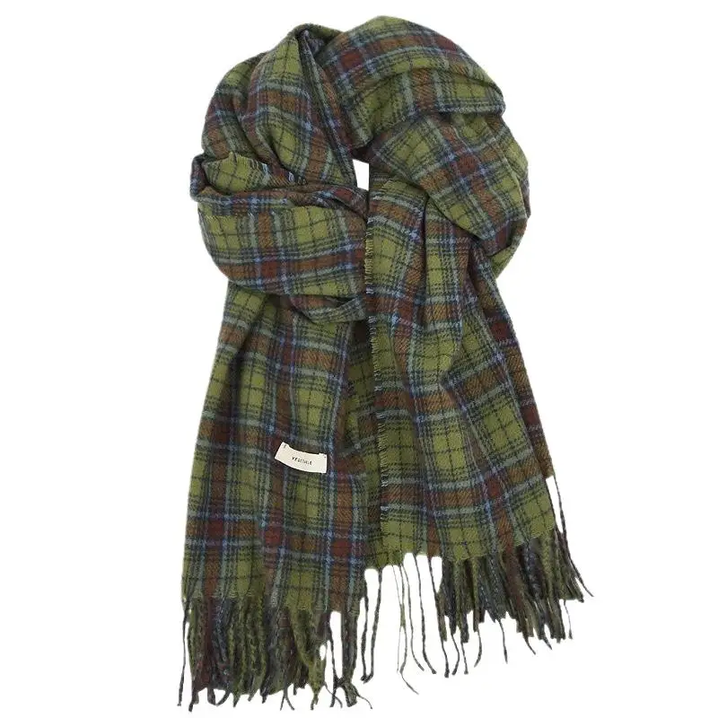 

Зеленый клетчатый шарф для женщин, шарфы в стиле ретро, зимняя накидка на шею, теплая шаль в корейском стиле и универсальный модный аксессуар