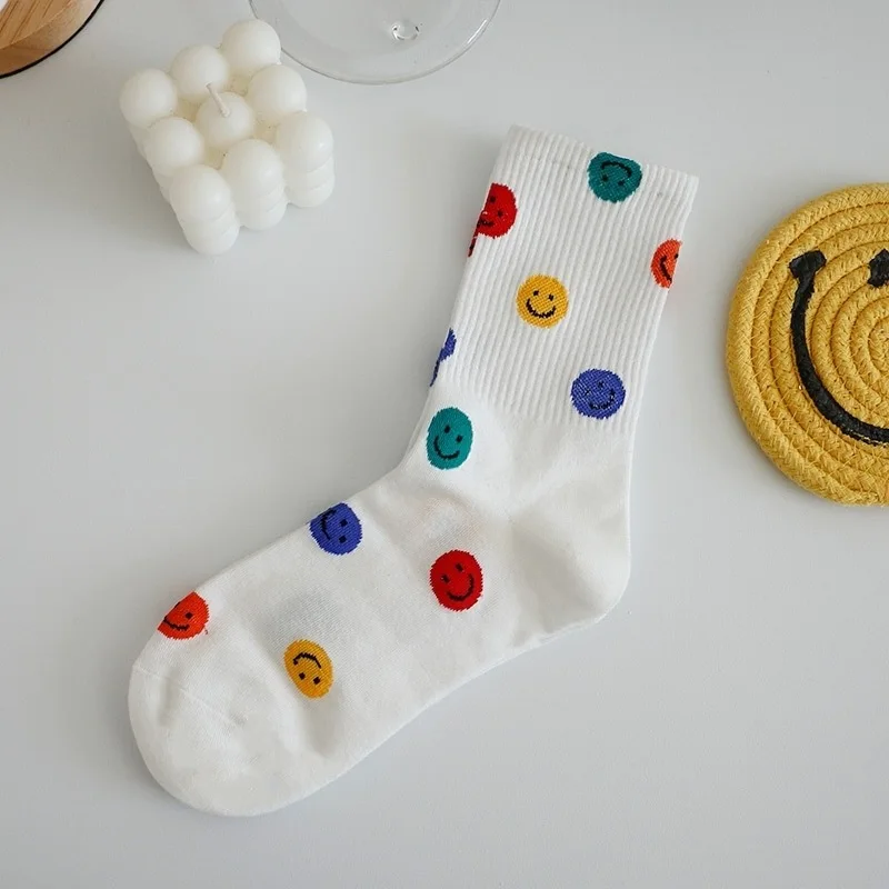 New Men And Women Socks Korean Print Cute Smiling Face Pure Cotton Socks Sweat-absorbing Breathable Mid length Socks