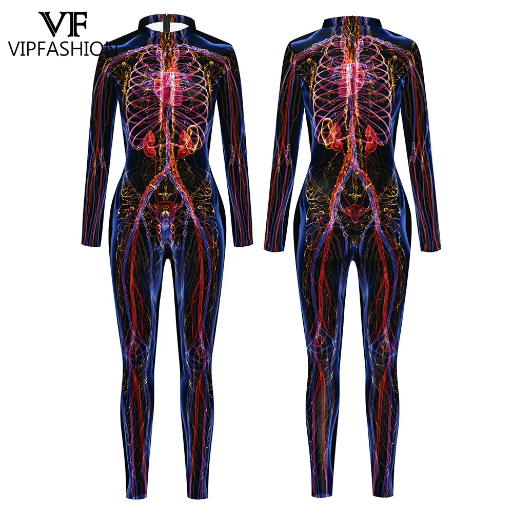 

VIP FASHION Halloween Human Anatomy Print Bodysuit Elastic Edgy Science Jumpsuit Adult Fancy Party Costume Disguise Zentai Suit