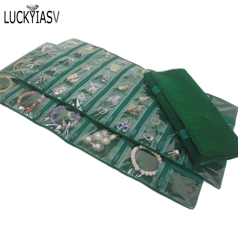 Portable Velvet Jewelry Ring Earrings Storage Roll Bag Travel Carrying Case Transparent Zipper Pouch Necklace Dustproof Storage